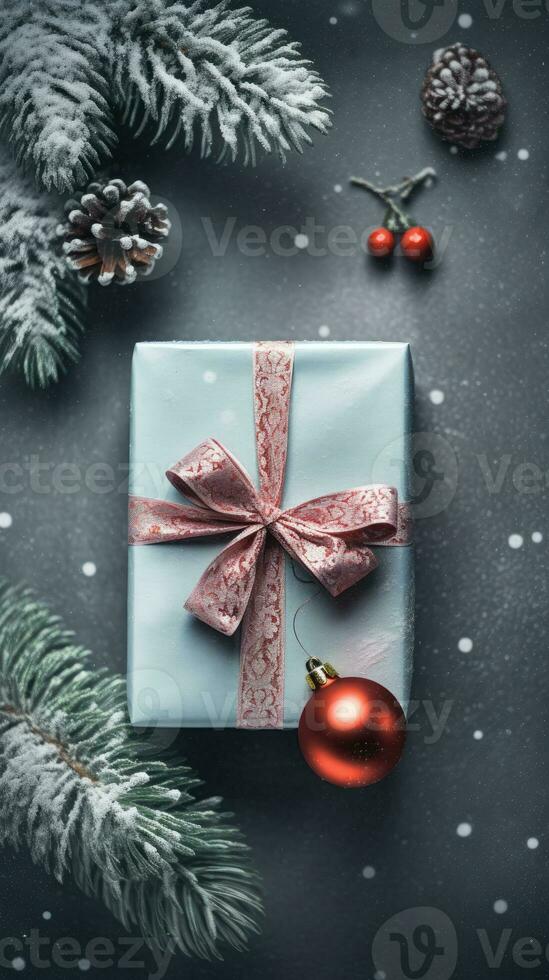 fira jul med gran grenar och meningsfull gåvor, ai genererad foto