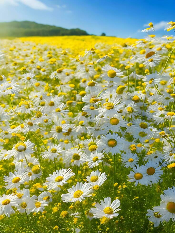 kamomill blomma fält. kamomill i natur. fält av daisy på en solig dag i natur. daisy blommor på en sommar dag. kamomill blommig närbild fält bakgrund i solljus. generativ ai. stock Foto