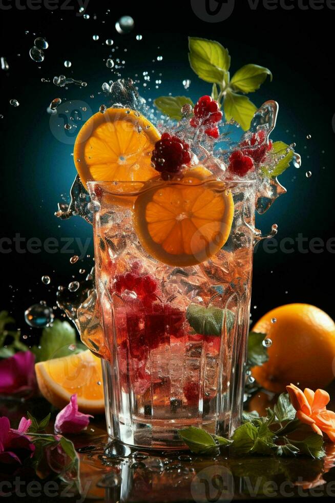 färgrik cocktail med is, frukt, stänk på en mörk bakgrund foto