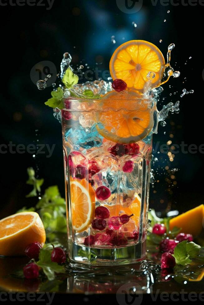 färgrik cocktail med is, frukt, stänk på en mörk bakgrund foto