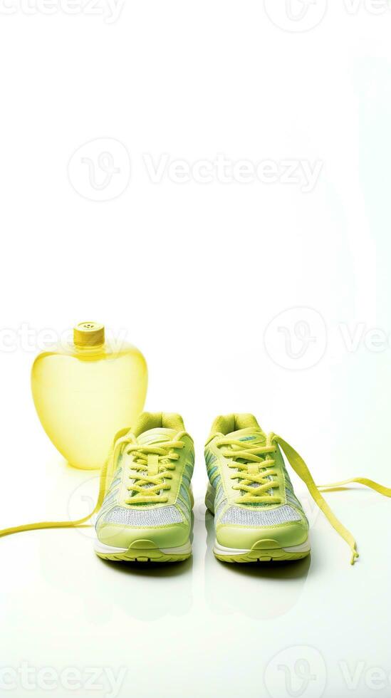 konceptuell hälsa och livsstil bild med löpning skor, vatten flaska, och en hjärtformade mätning tejp symbol ai generativ foto