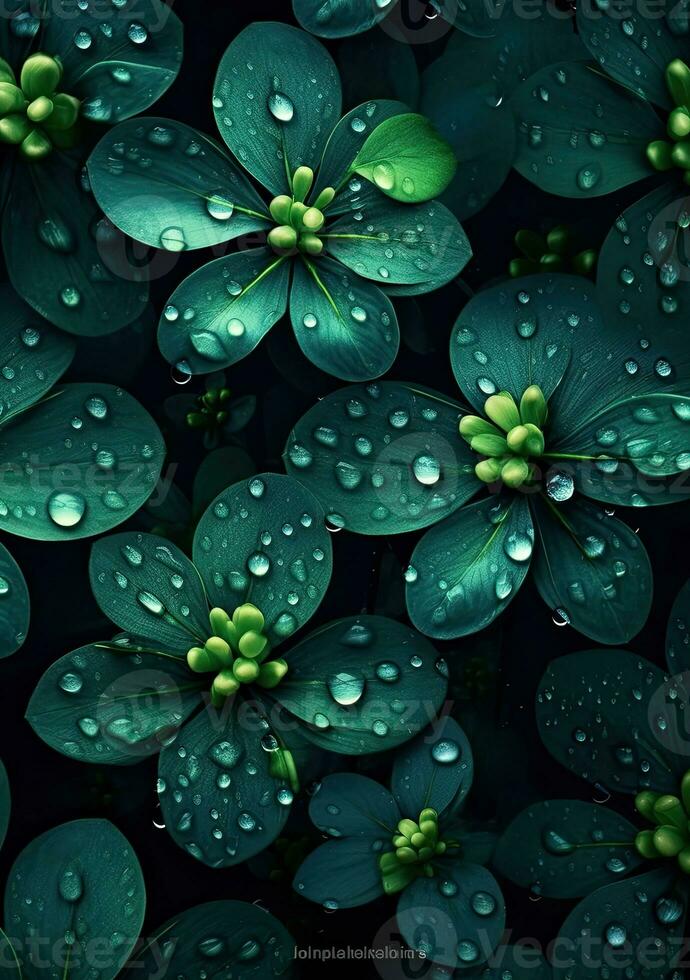 vatten droppar tapet grön löv blommor, ai genererad foto