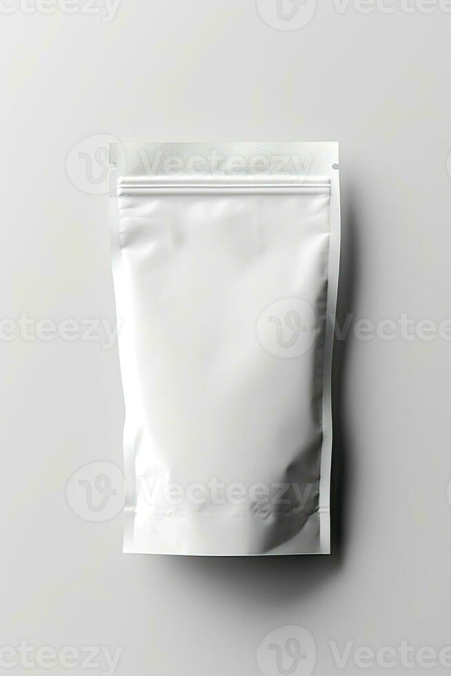 förpackning väska attrapp vit med nyanser vit bakgrund, ai genererad foto
