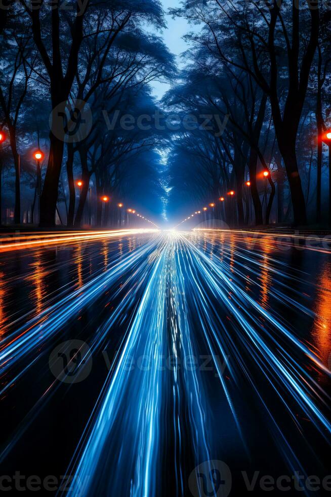 blå bil lampor är sett på natt på grund av till en lång exponering foto