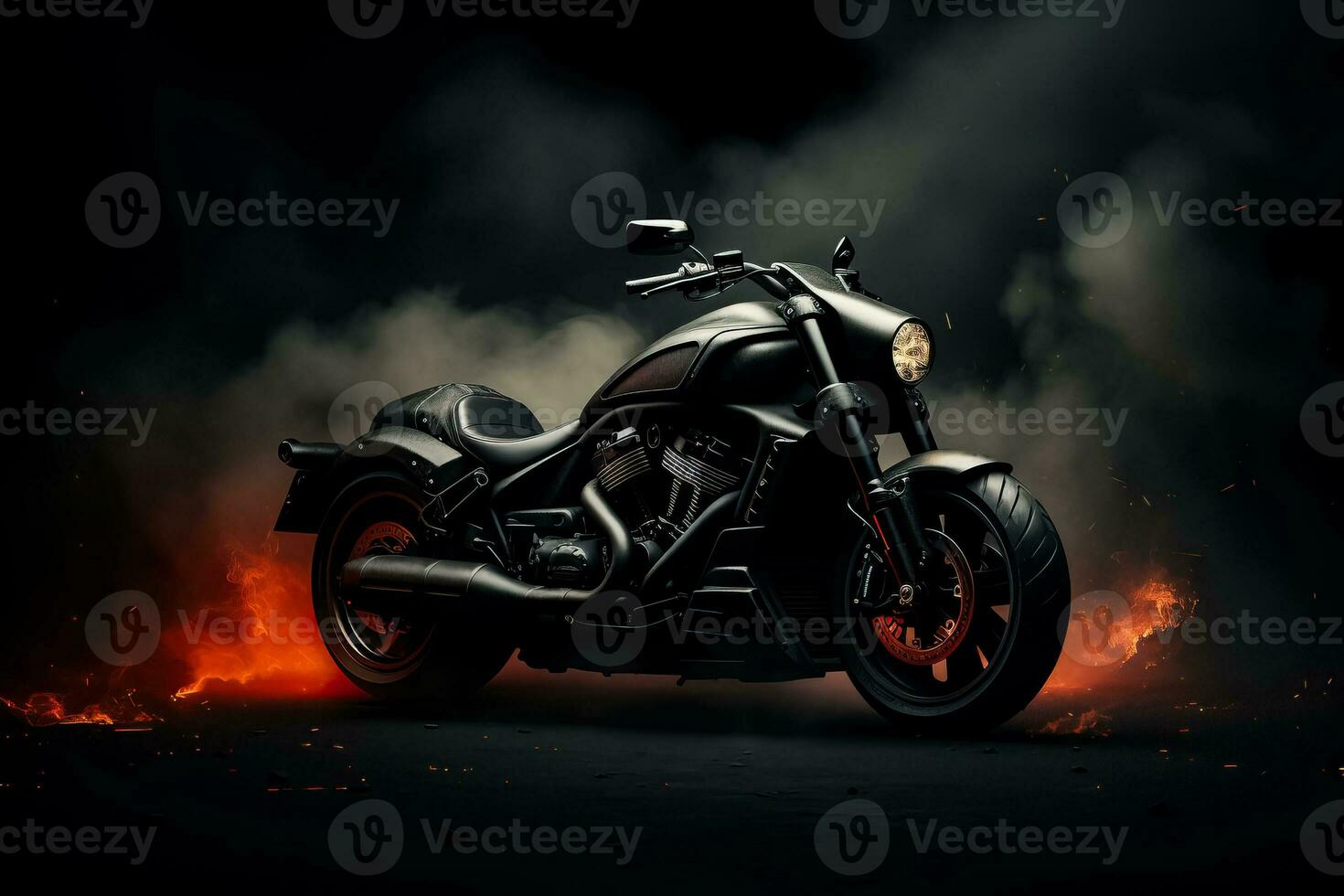 sida se 3d illustration av svart motorcykel på mörk bakgrund emitterande rök foto