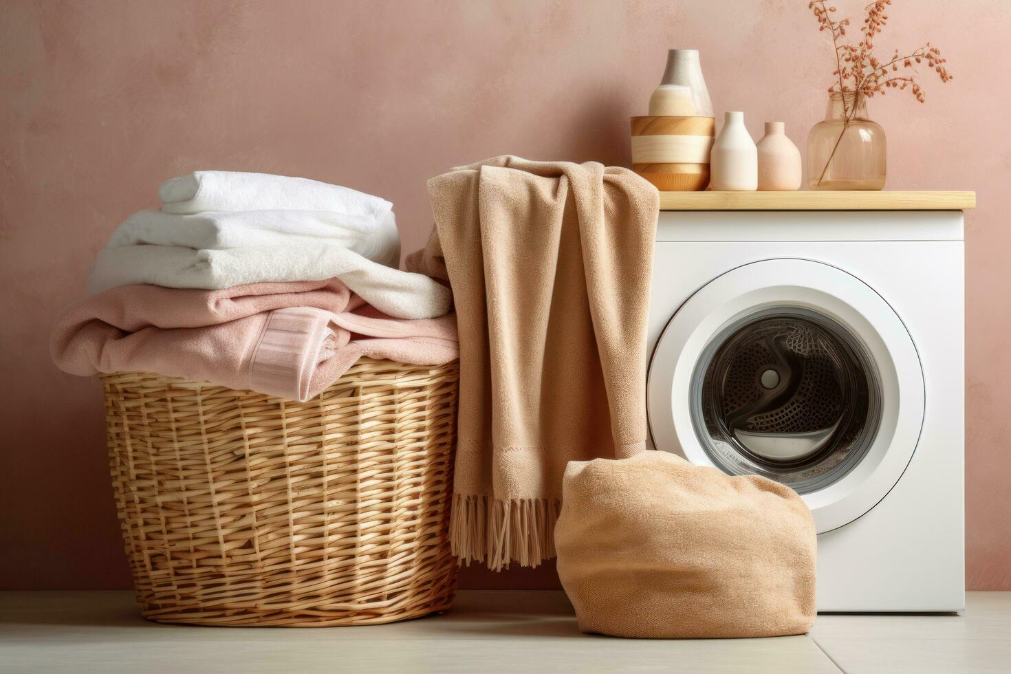 tvättning maskin och handdukar i en korg foto