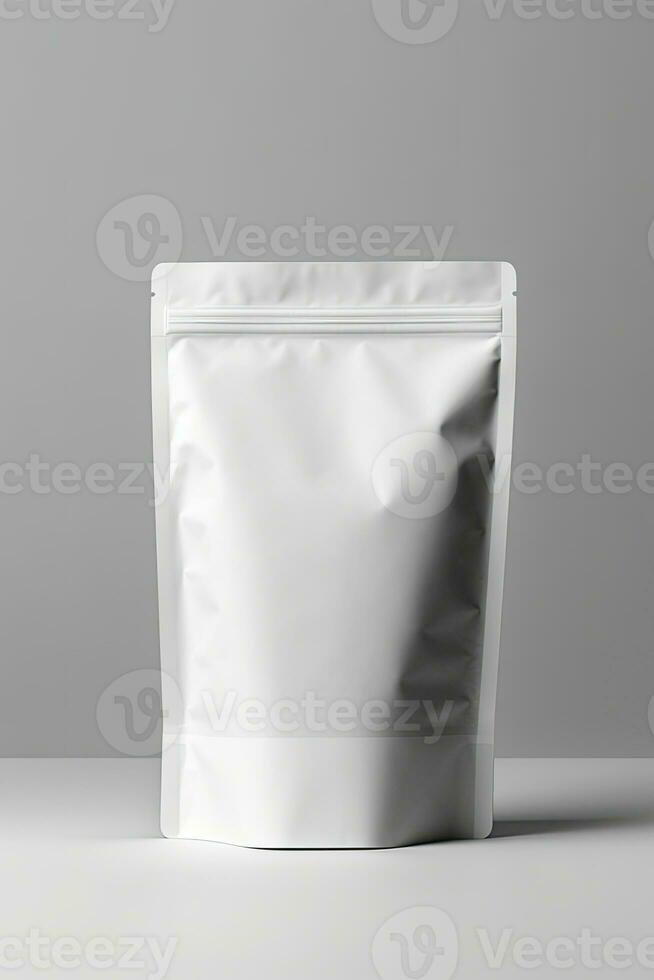 förpackning väska attrapp vit med nyanser vit bakgrund, ai genererad foto