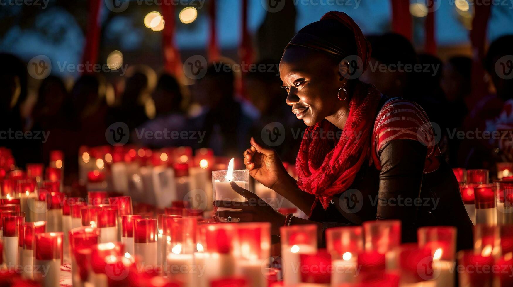 hoppfull minne, en högtidlig levande ljus vaka mot hjärtvärmande mönster på värld AIDS dag, generativ ai illustration foto