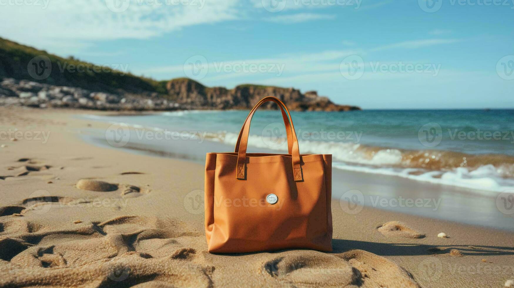 en enkel miljövänlig tyg väska på de bakgrund av de strand på de hav foto