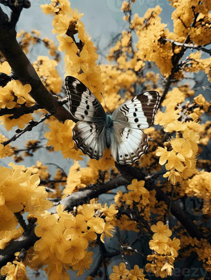 fjäril på de färgrik blommor och växter. lugna natur scen med drömmande färger. genererad ai. foto