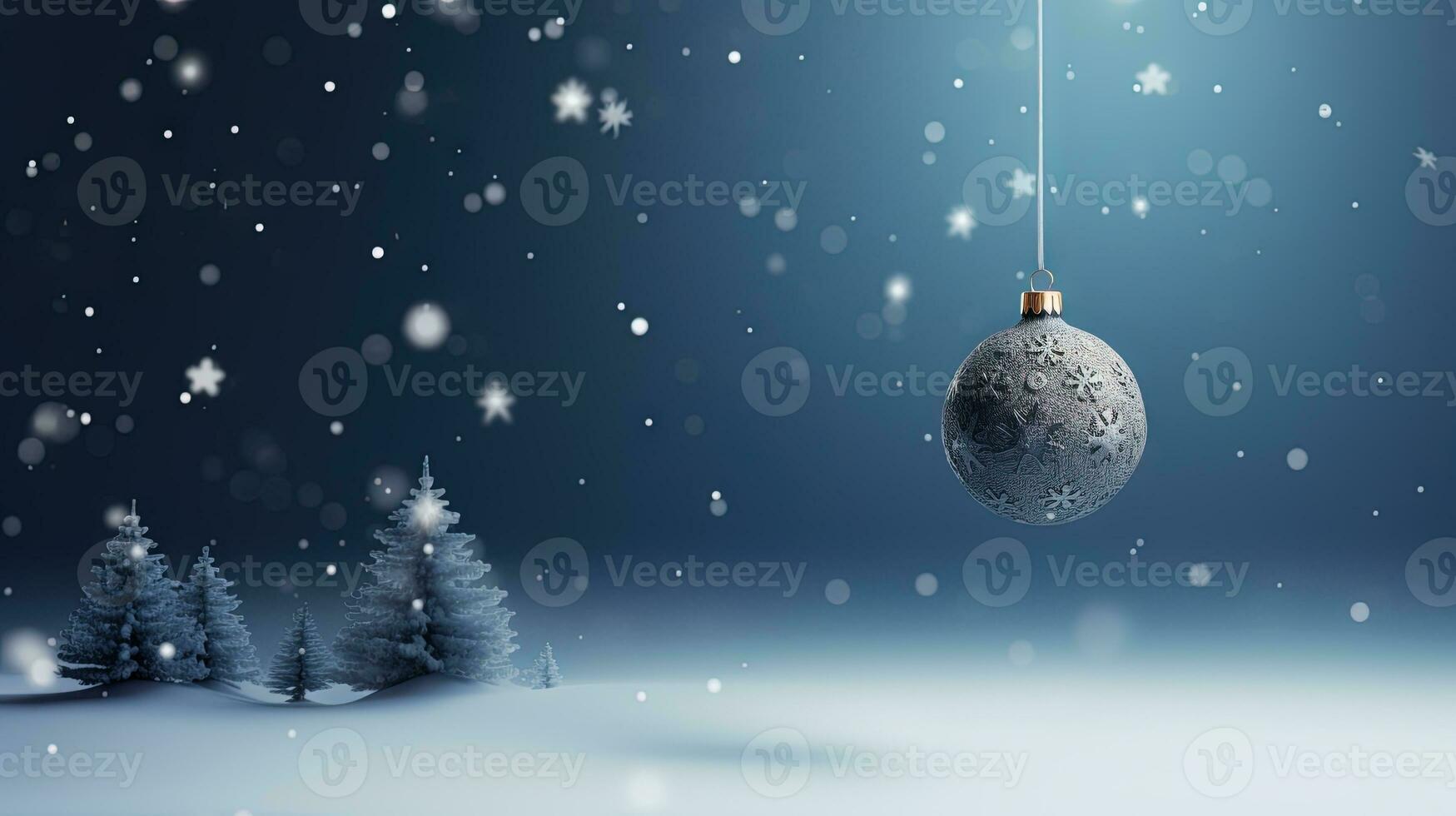 skön jul struntsak hängande på de bakgrund med snö gnistrar. xmas vissna Semester kort med glas boll. genererad ai. foto