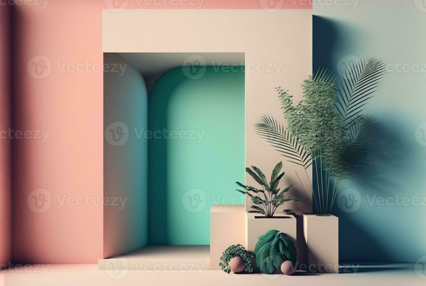 abstrakt färgrik interiör med växter och minimalistisk dekorationer. levande färgad arkitektonisk bakgrund. genererad ai. foto