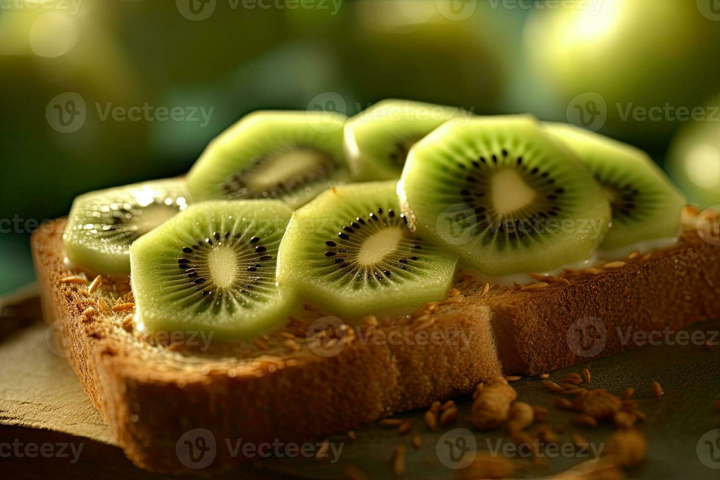 Kiwi frukt rostat bröd, makro skott av en färsk frukost med droppande honung, ai genererad foto