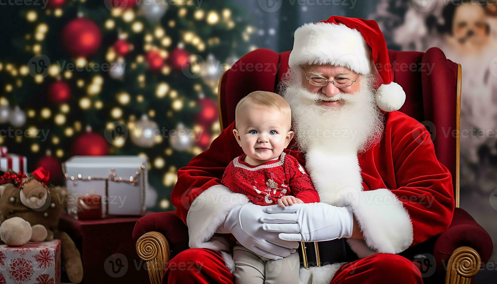 santa claus innehav bebis ai genererad foto