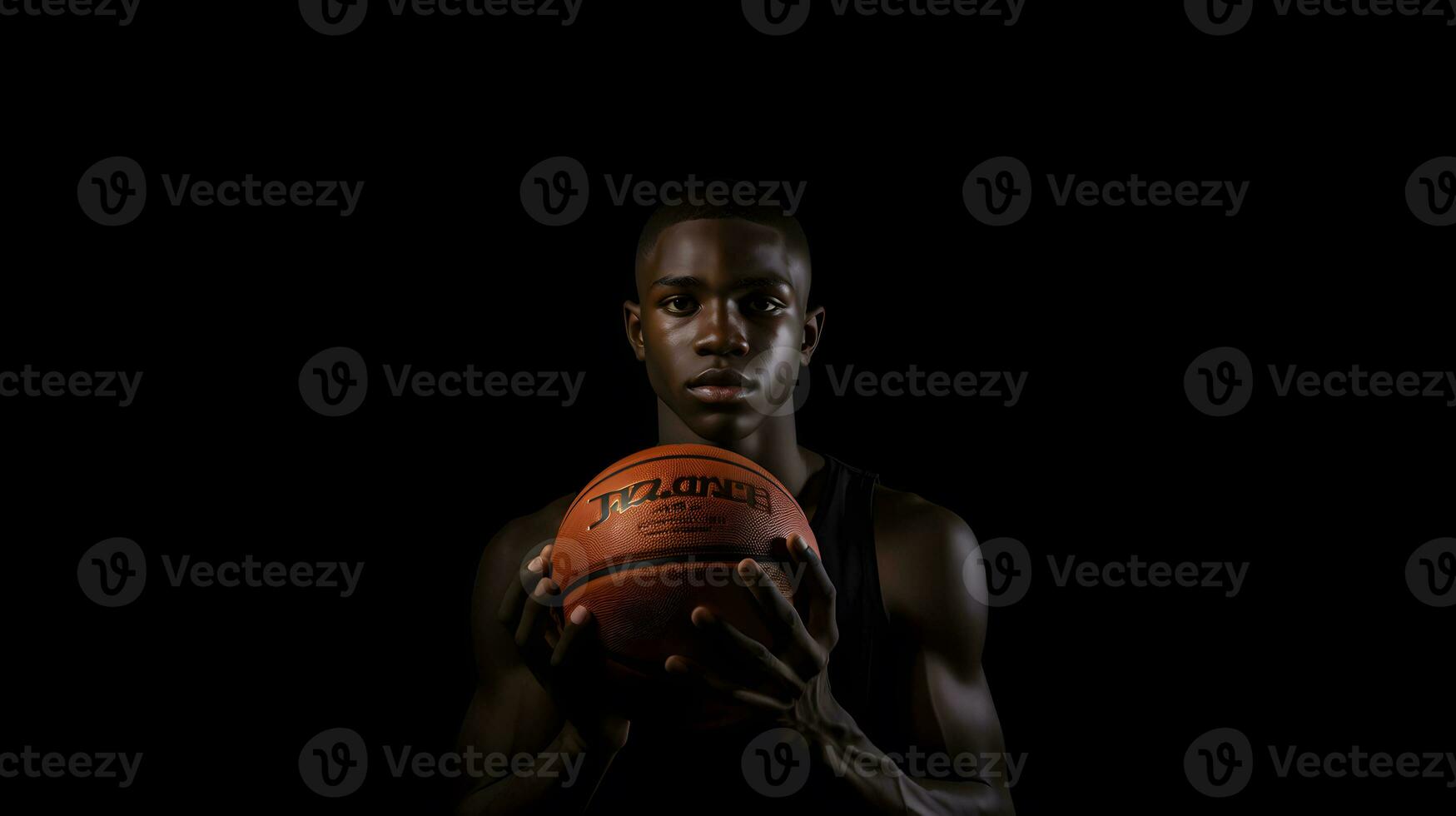 porträtt av en ung afrikan-amerikan basketboll spelare med boll mot svart bakgrund foto