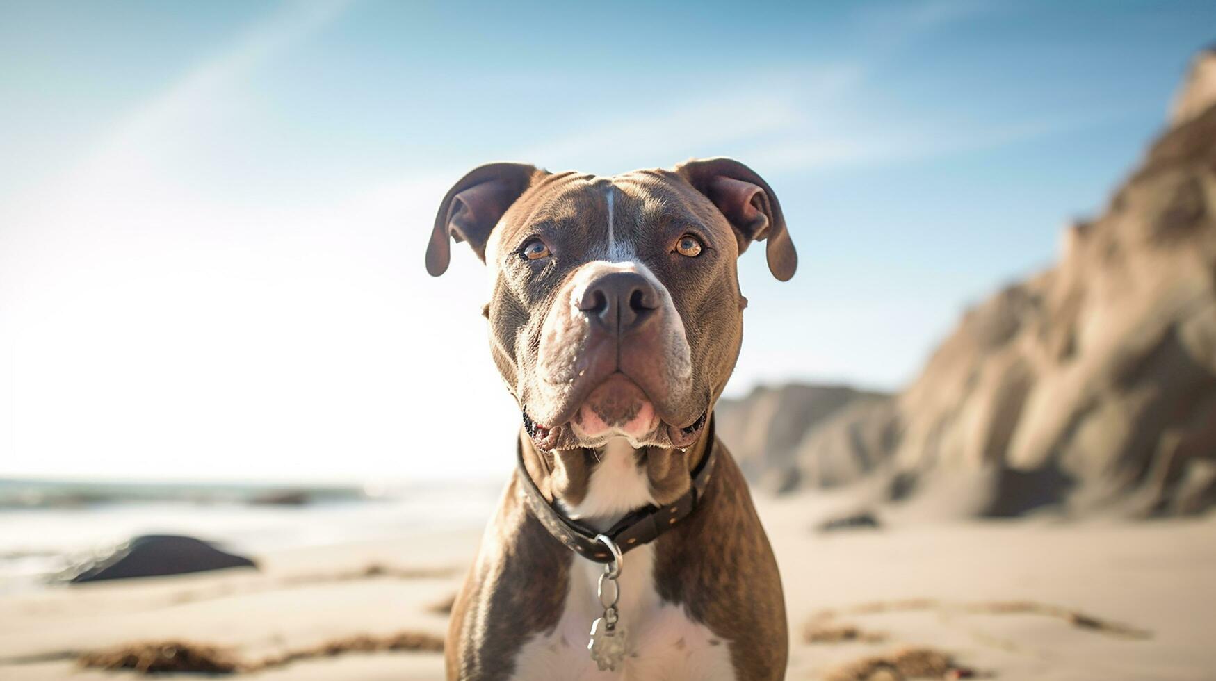 pitbull hund på de strand ai genererad foto