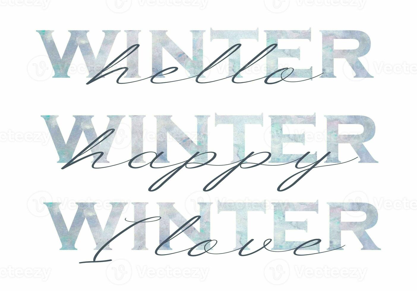 uppsättning av vinter- text. vektor illustration med vattenfärg element isolerat på vit. kall och is design säsong konst lydelse för baner, vykort, plakat, affisch. foto