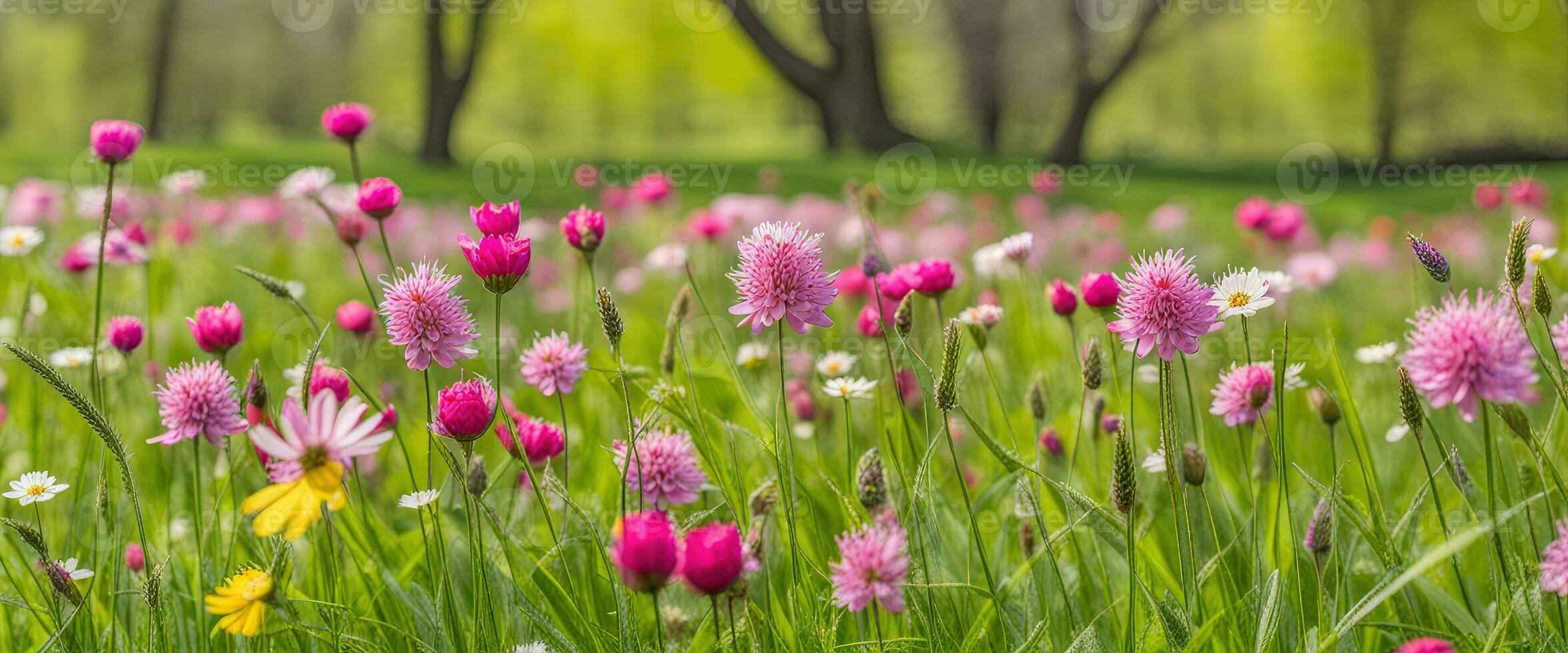 springtime blomning blommor med gräs i de bakgrund skapas med ai generativ foto