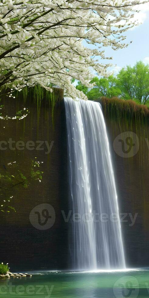 fantastisk vattenfall landskap vår sommar natur miljö. ai generativ foto