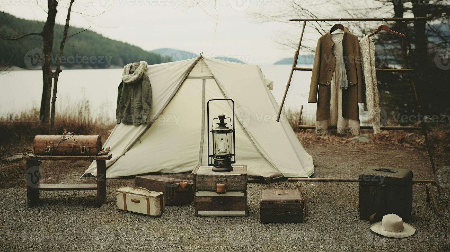 generativ ai, camping utomhus- begrepp i neutral dämpad färger, turist läger foto