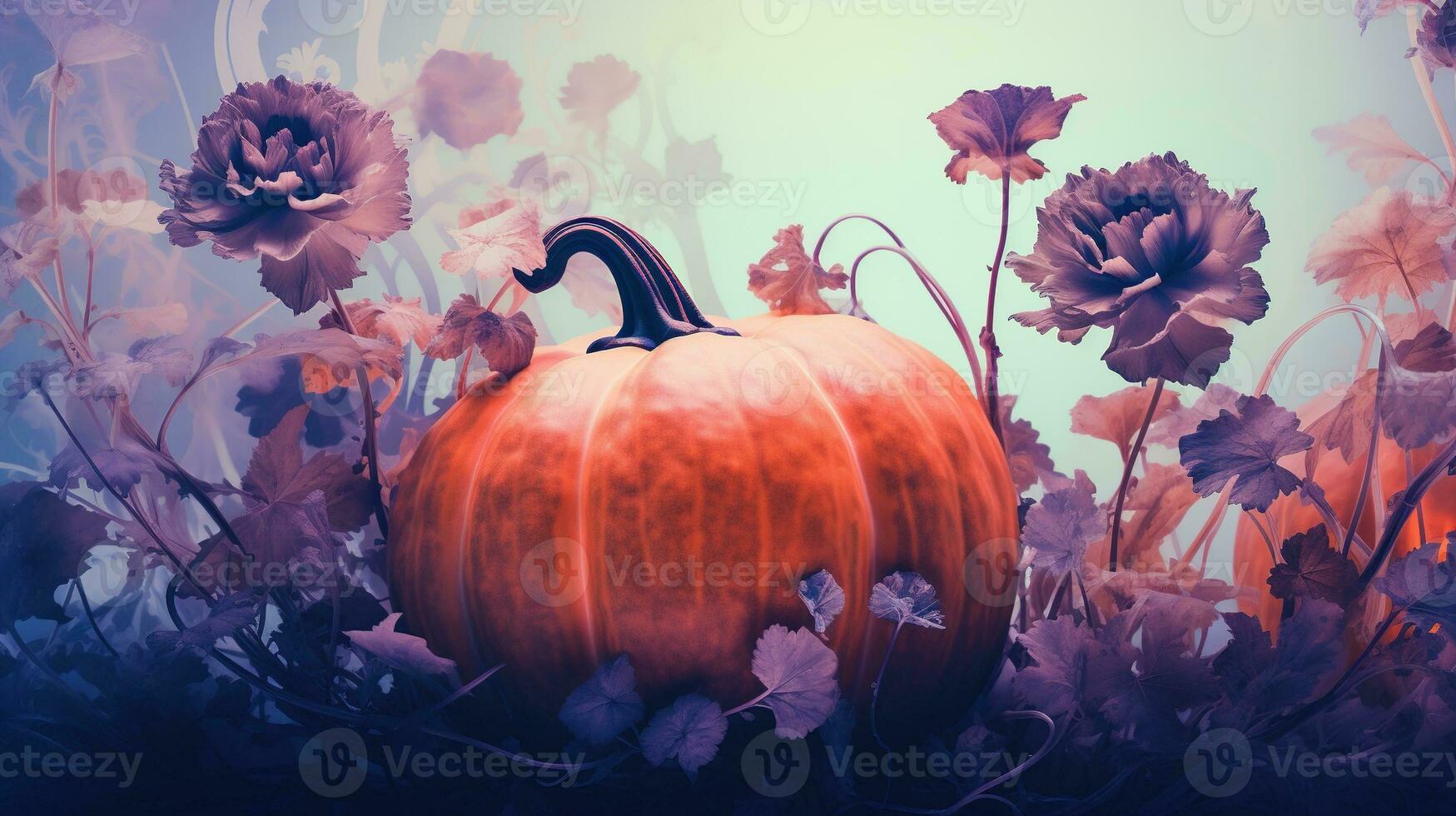 generativ ai, halloween duotone bakgrund med blommor och pumpa foto