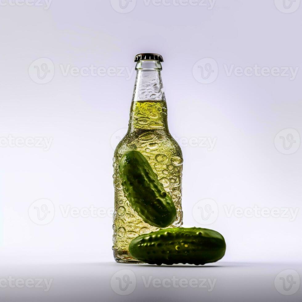 öl från gurka på en vit bakgrund. ljus dryck i en glas flaska. ai genererad. foto