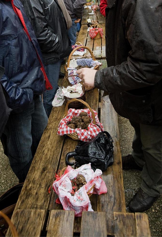 traditionell svart tryffelmarknad i Lalbenque, Frankrike foto