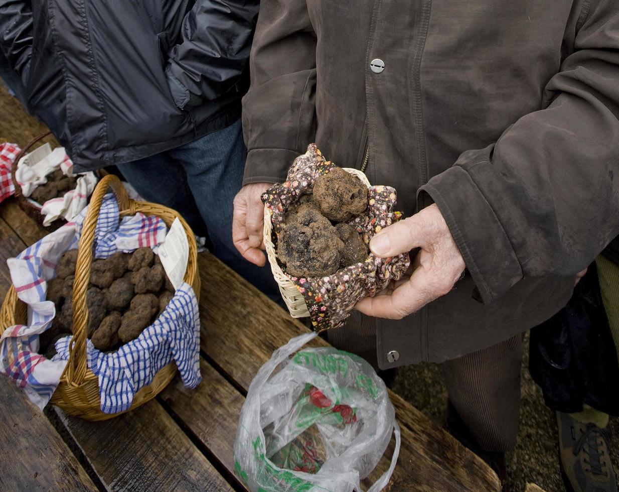 traditionell svart tryffelmarknad av lalbenque i perigord, Frankrike foto
