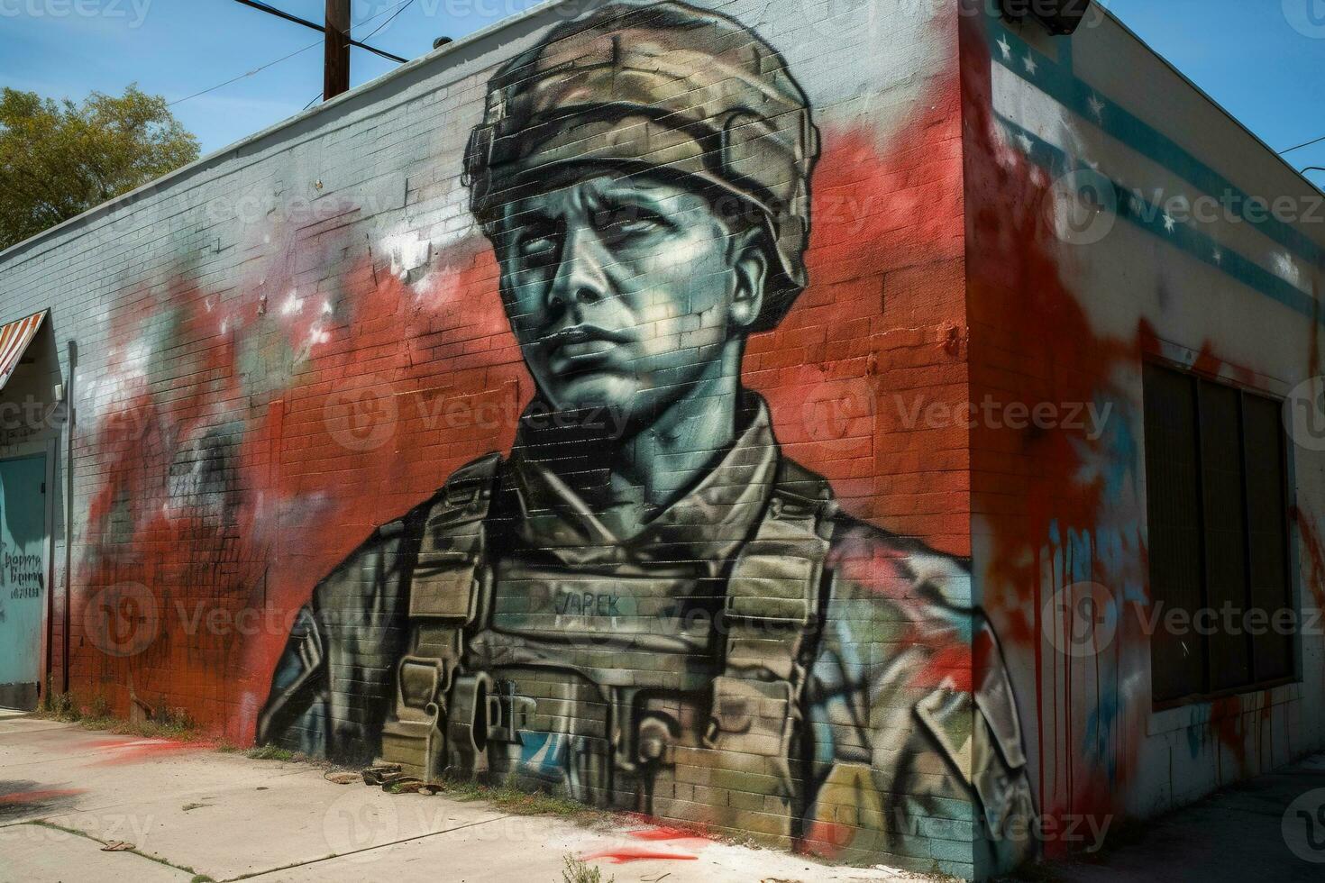 en gata konst mural graffiti målning av en soldat med en hjälm på de vägg foto