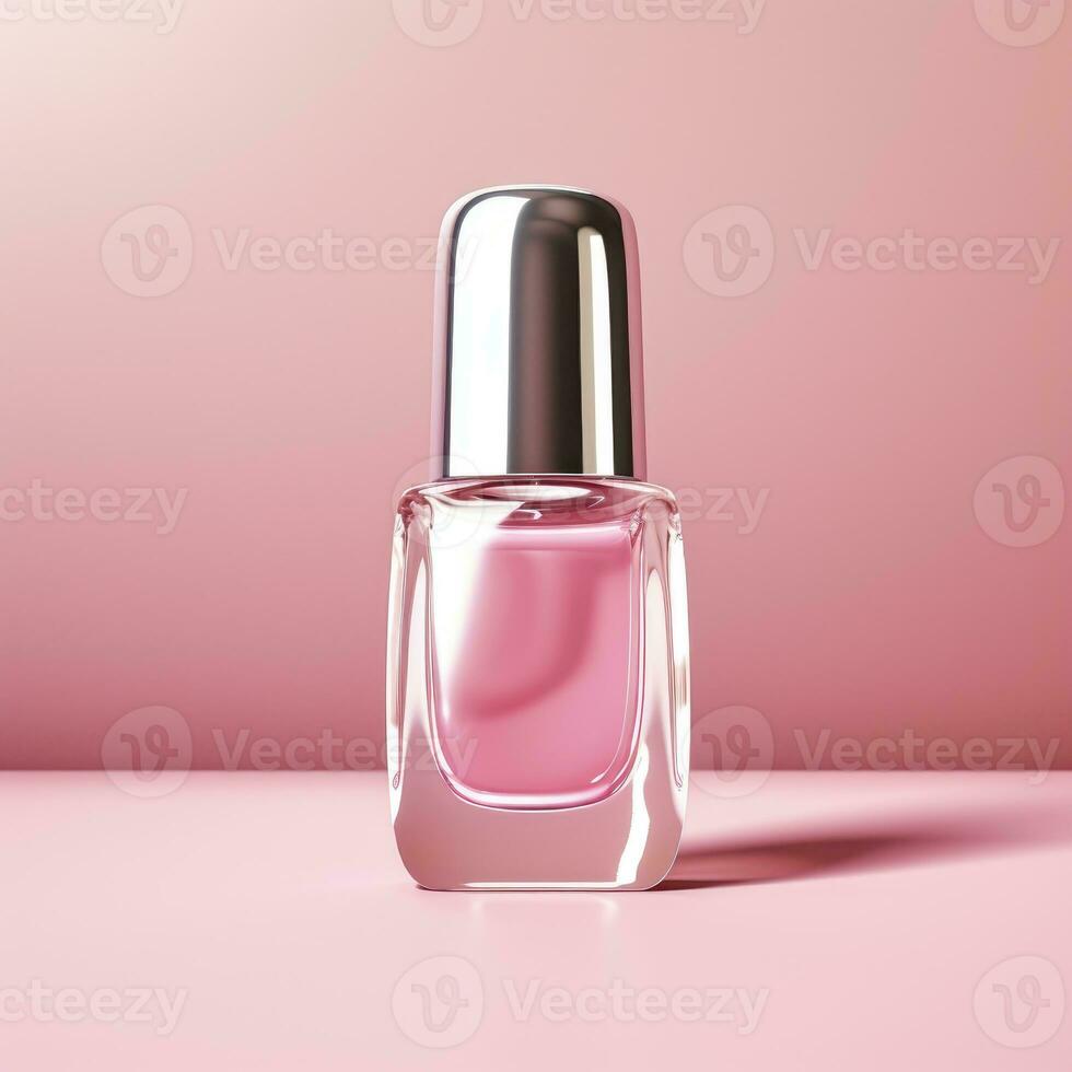 rosa nagel putsa flaska isolerat på rosa bakgrund. fyrkant ram. ai foto