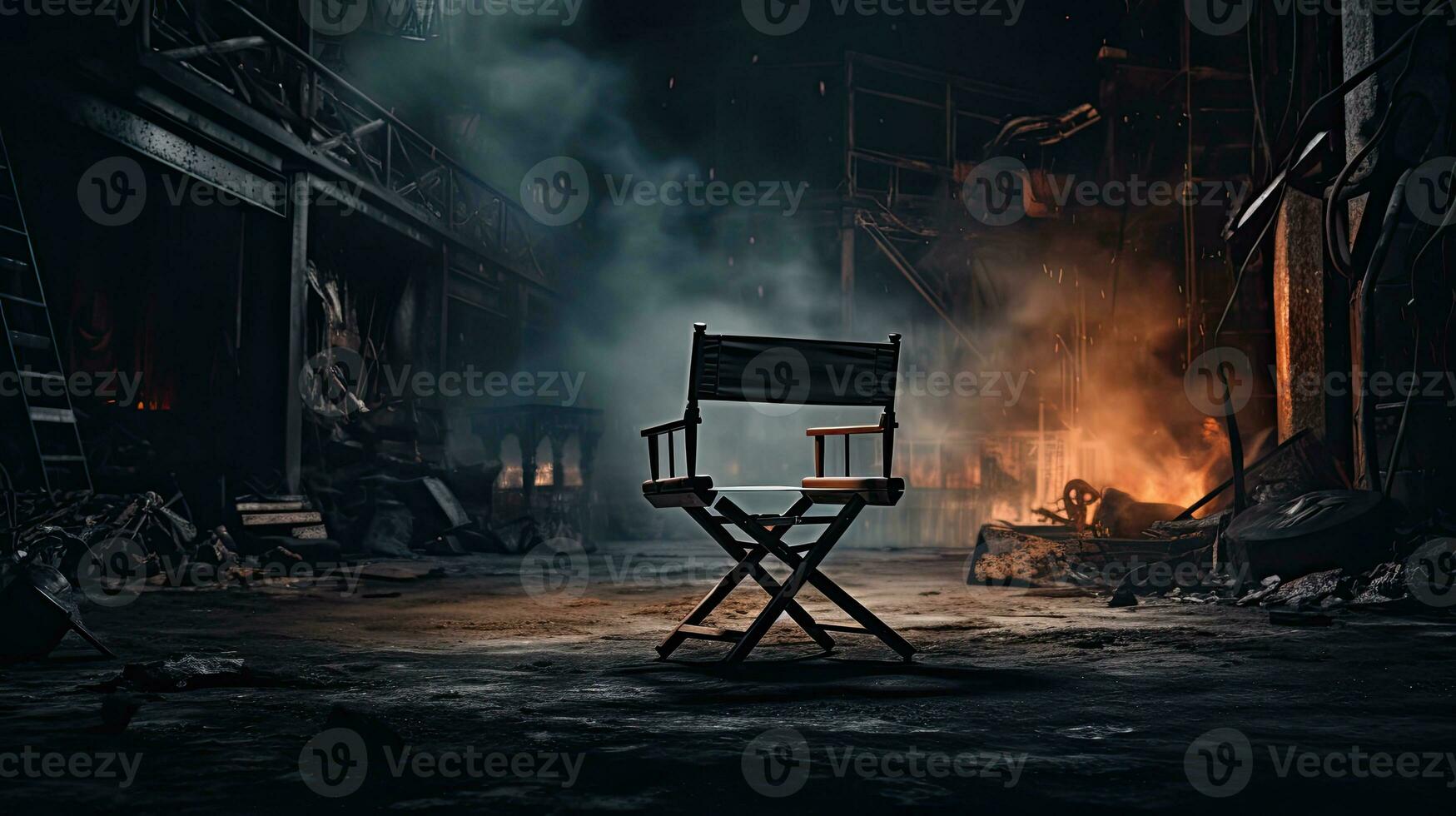 ett tömma direktör stol i främre av ett tömma filma uppsättning. dyster bakgrund foto