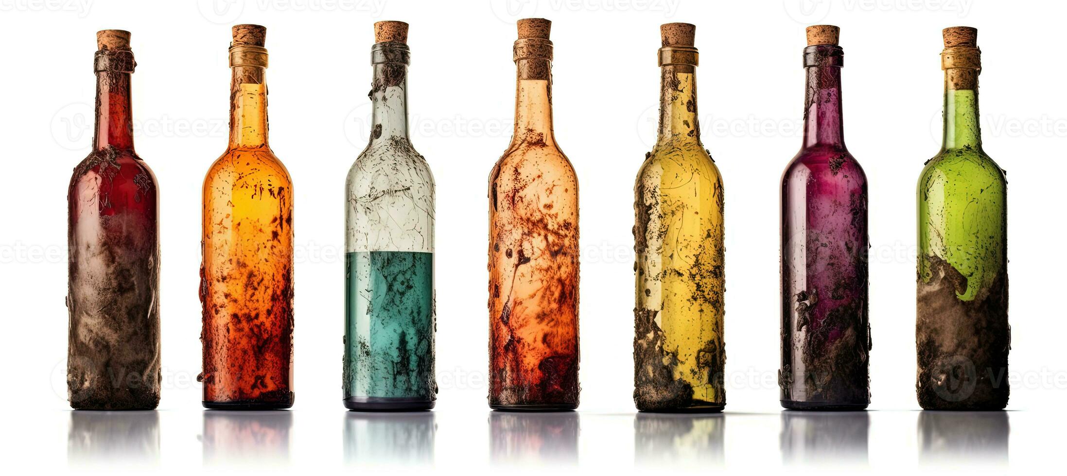 uppsättning av vin flaskor isolerade på en vit bakgrund. vin flaska främre se. version med kork, utan folie. ai genererad foto