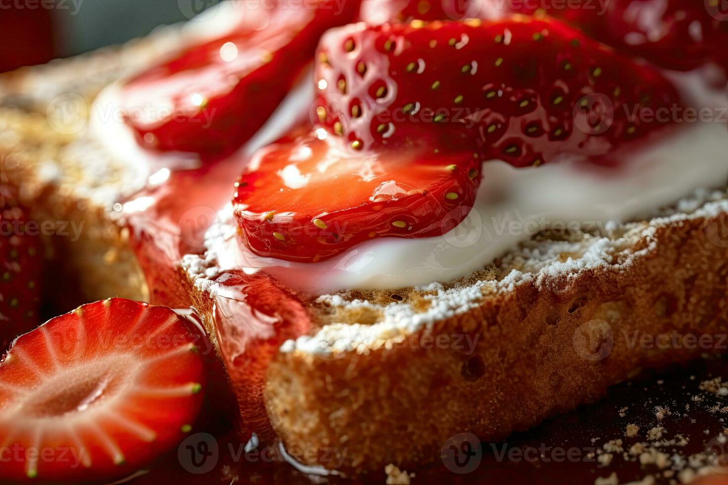 jordgubb rostat bröd, makro skott av en färsk frukost med droppande honung, ai genererad foto