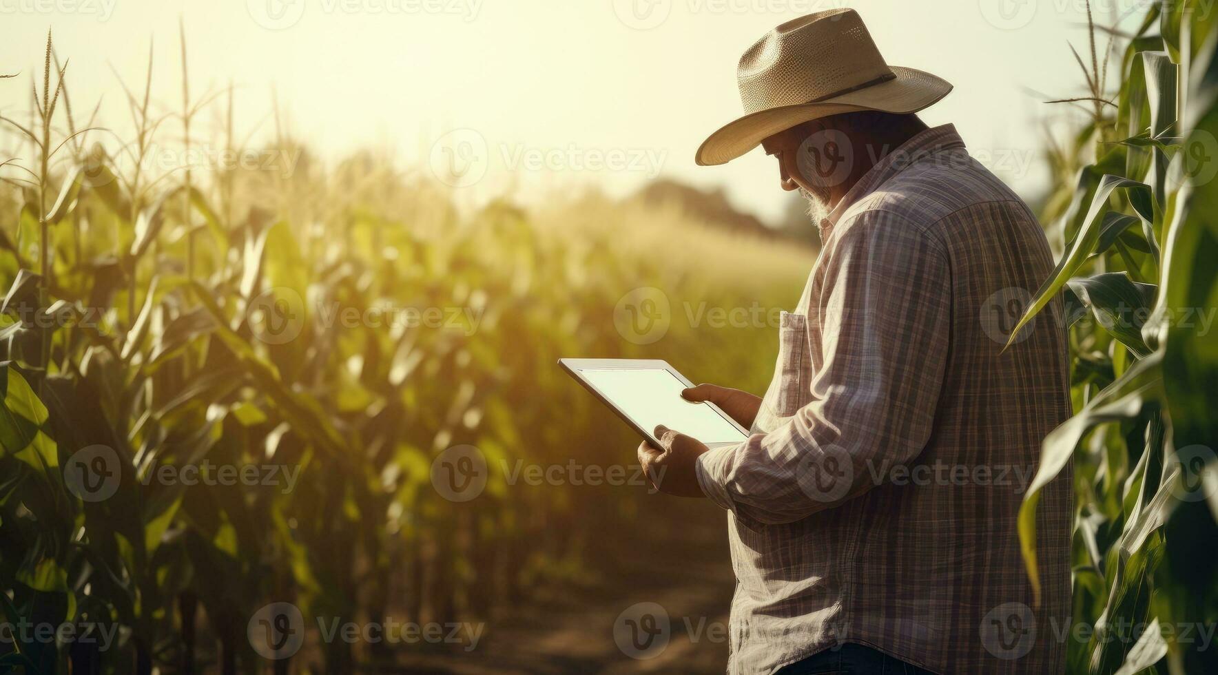manlig jordbrukare använder sig av digital läsplatta medan analyserar majs fält foto