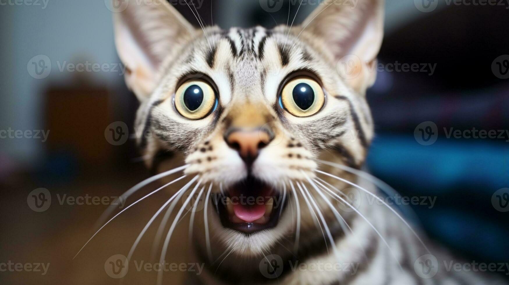 närbild Foto av en rolig chockade egyptisk mau fastnar ut hans tunga. generativ ai