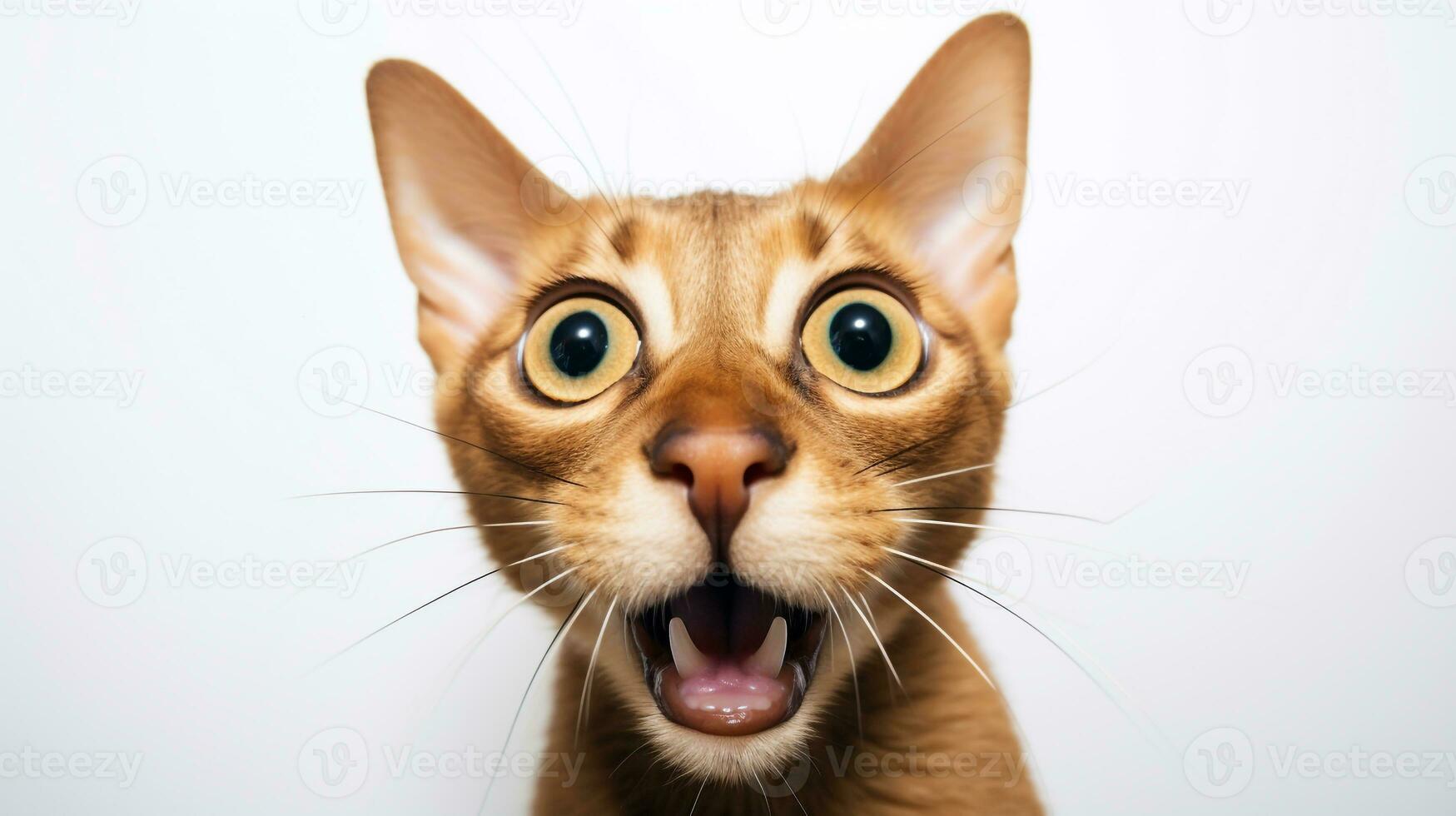 närbild Foto av en rolig chockade abessinier fastnar ut hans tunga isolerat på en vit bakgrund. generativ ai