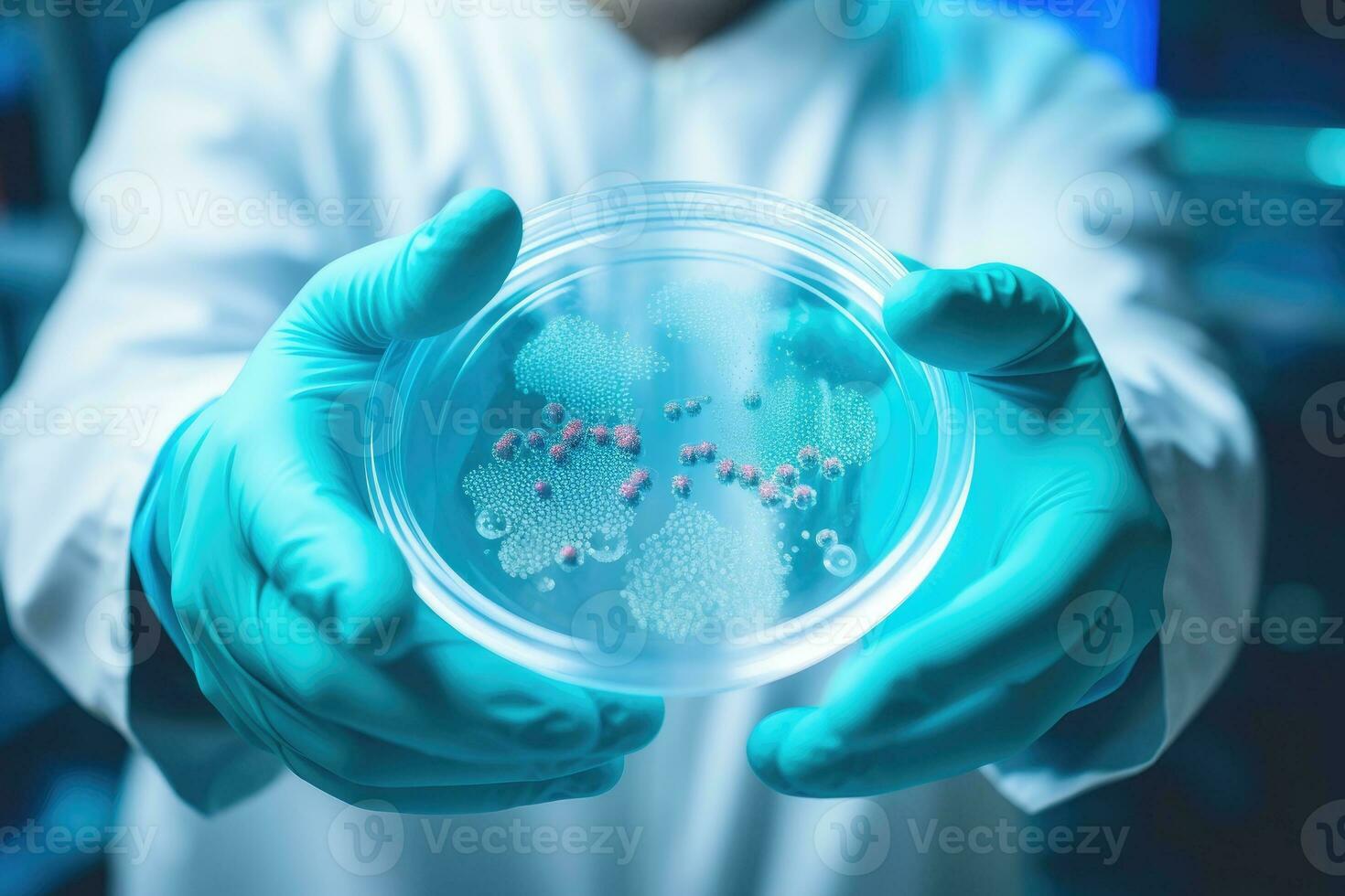 närbild skott av labb arbetstagare innehav bakterie maträtt foto