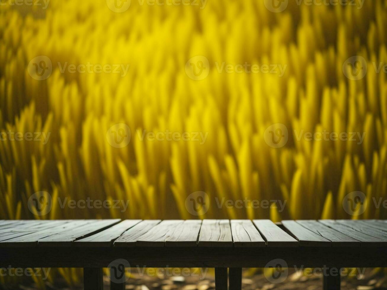 trä- tabell och fläck tropisk gul Färg bakgrund, produkt visa montage. hög kvalitet Foto 8 K fhd ai genererad