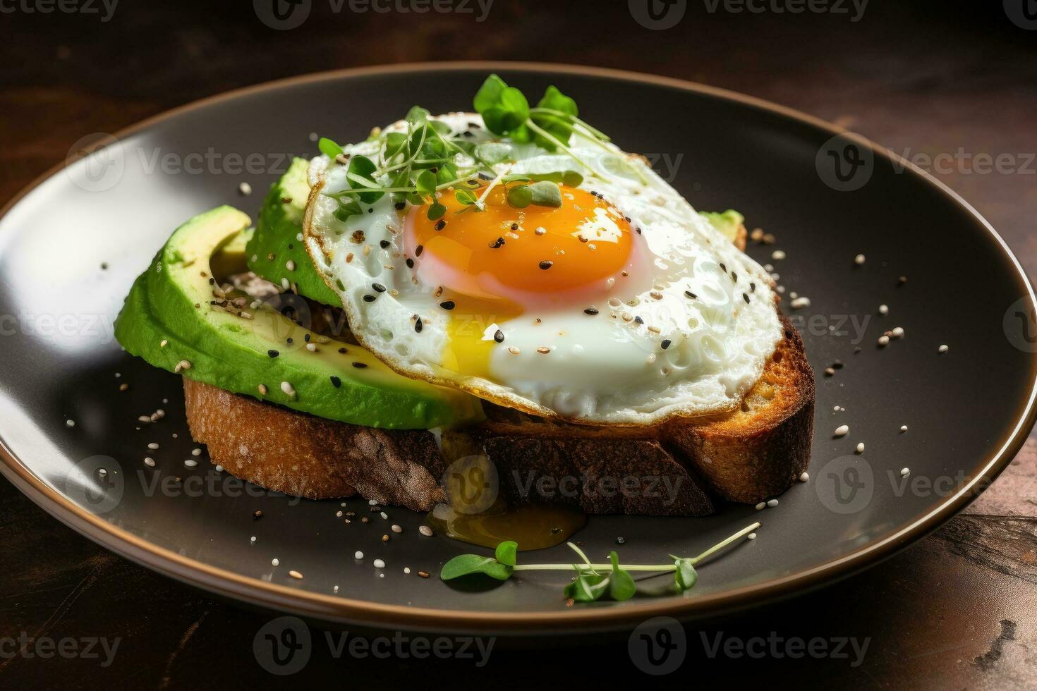 tallrik med bröd och friterad ägg och avokado foto