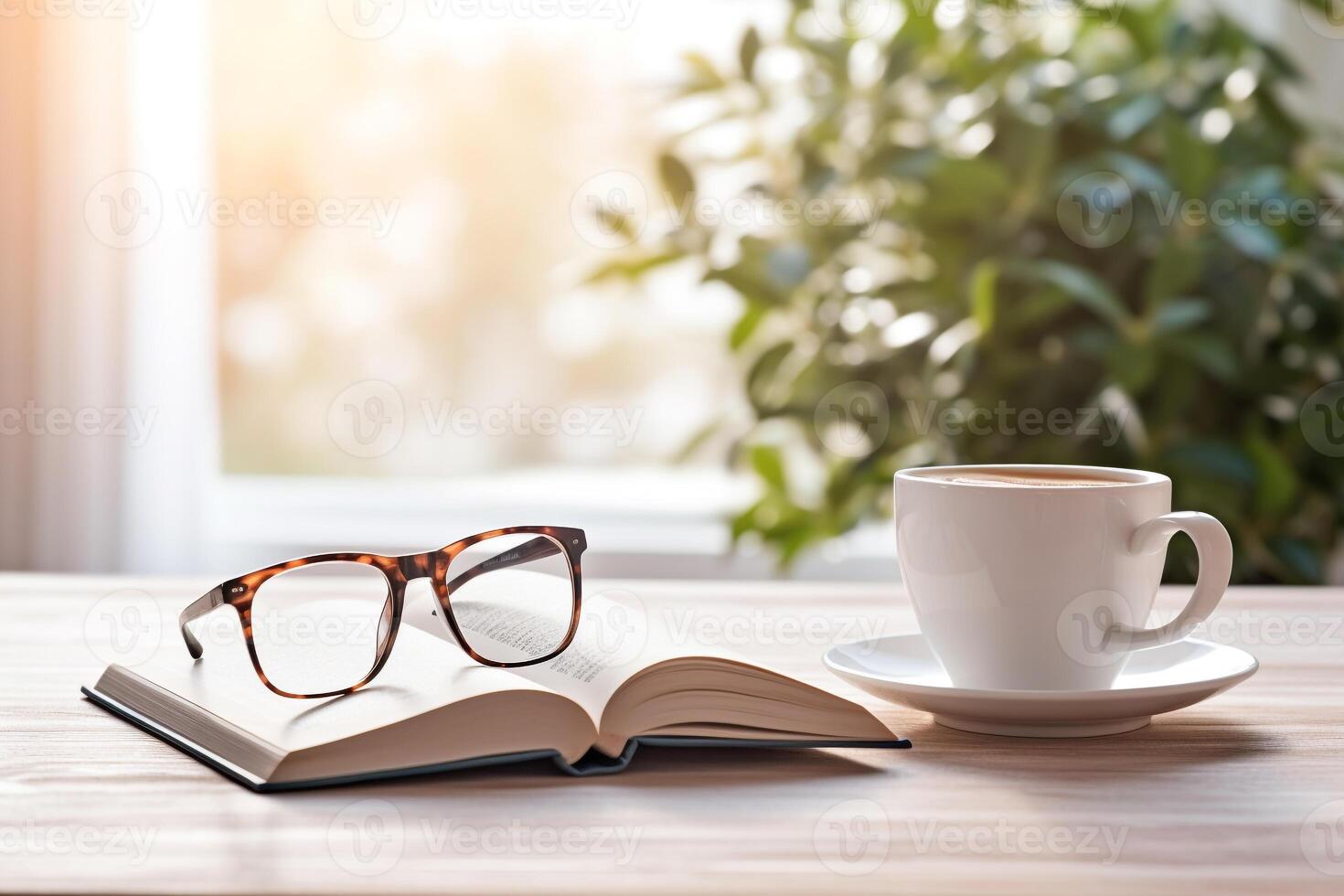 mysigt morgon- fortfarande liv terar en vit kaffe mugg, glasögon, och ett öppen bok på en rustik trä- tabell ai generativ foto