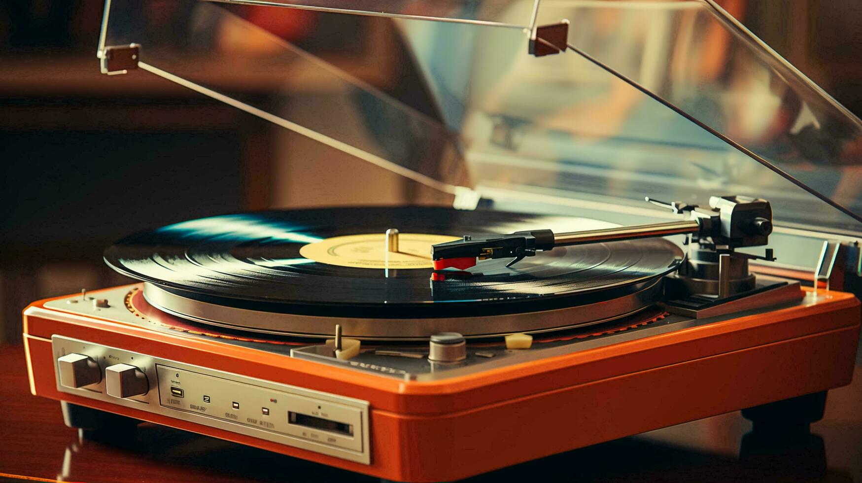 gammal eleganta årgång retro musik vinyl spelare med uppgifter affisch foto