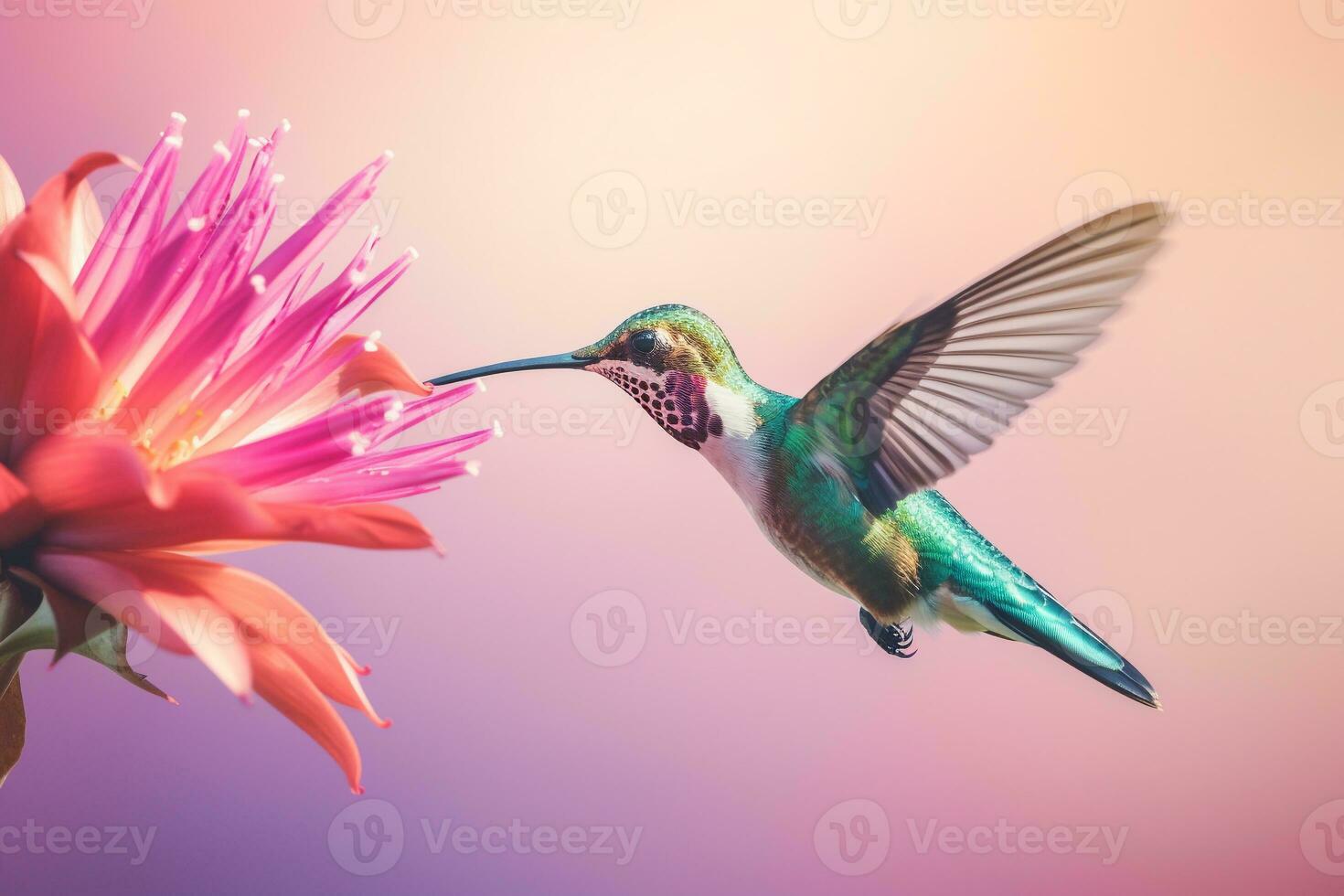 minimalistisk fånga av en kolibri mitten av flygningen smuttar nektar från ett exotisk blomma ai generativ foto