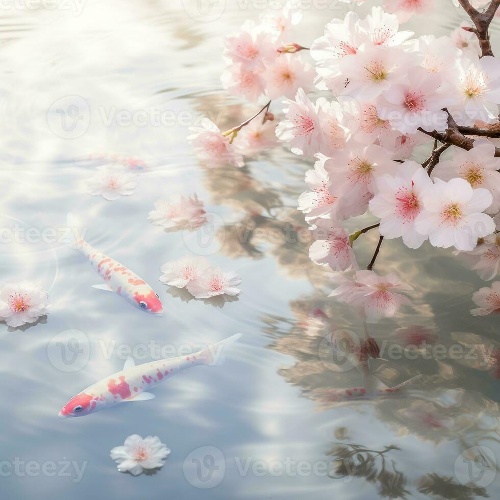 eterisk bild av en lugn koi damm omgiven förbi blomning körsbär blommar ai generativ foto