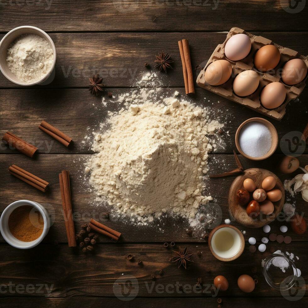 top-down se av rå kaka deg och bakning Ingredienser fångande de glädje av bakning ai generativ foto