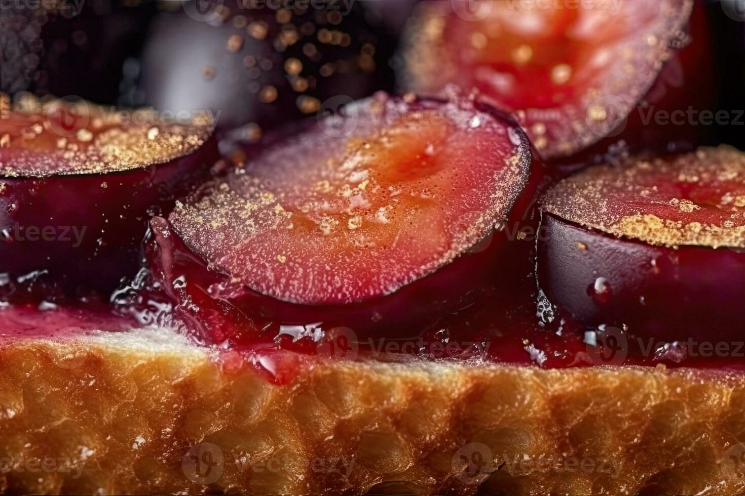 plommon rostat bröd, makro skott av en färsk frukost med droppande honung, ai genererad foto