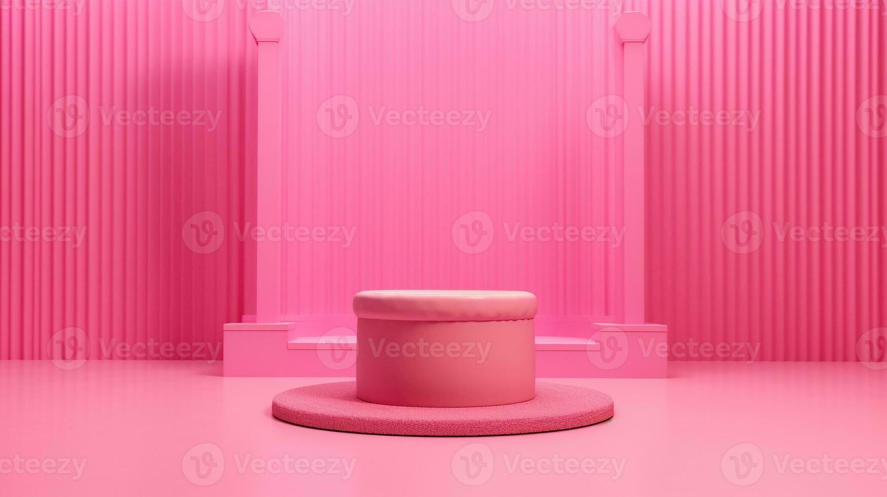 ai, ai genererad, rosa podium i magenta mode docka värld, trendig produkt presentation och plast bakgrund, docka hus stil stå falsk upp foto