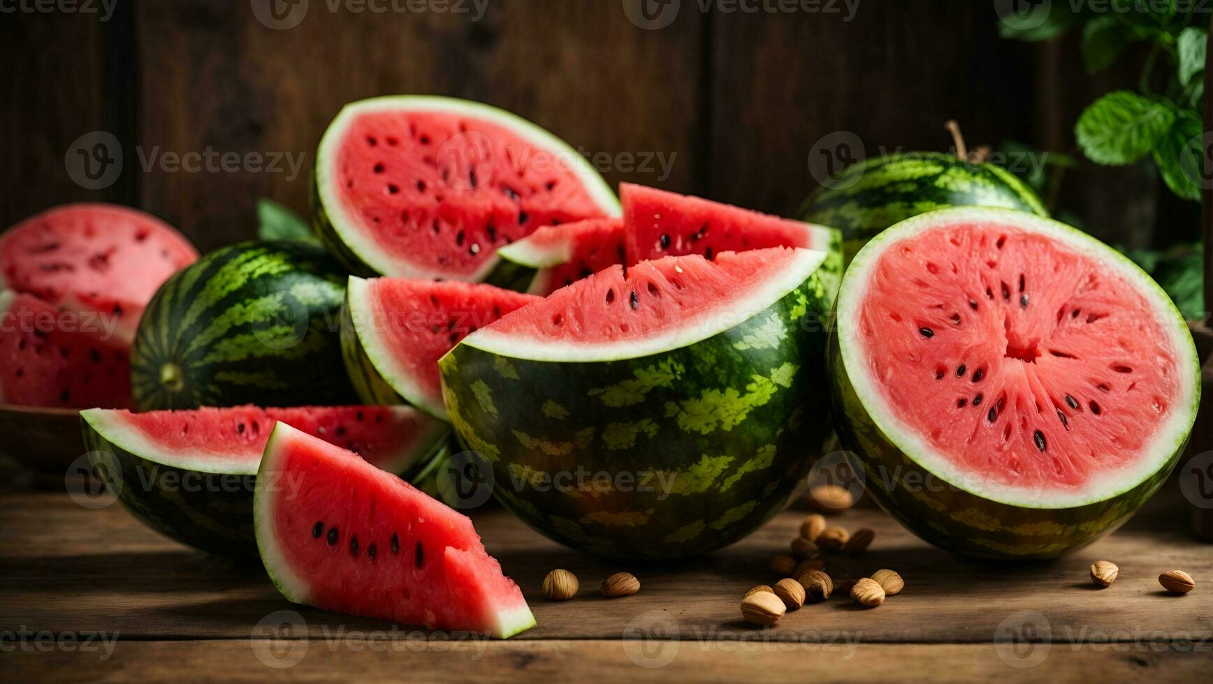 färsk skivad vattenmelon frukt på trä- bakgrund. ai genererad foto