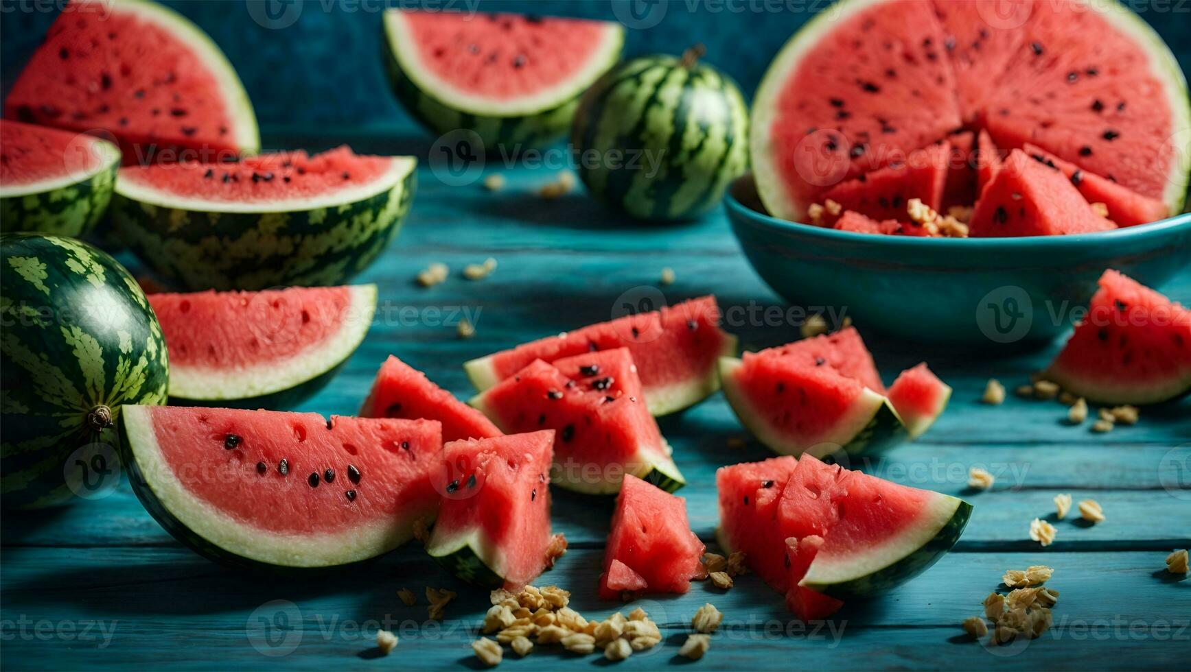 skivor av vattenmelon på blå trä- skrivbord.. ai genererad foto