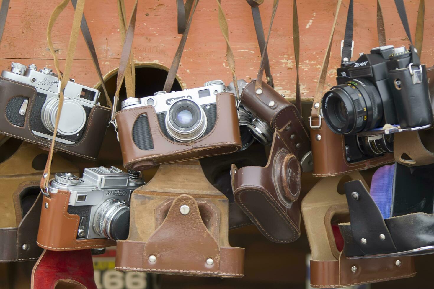 Moskva, juni 08, 2018. central market.vintage kameror. gammal fotografisk Utrustning foto