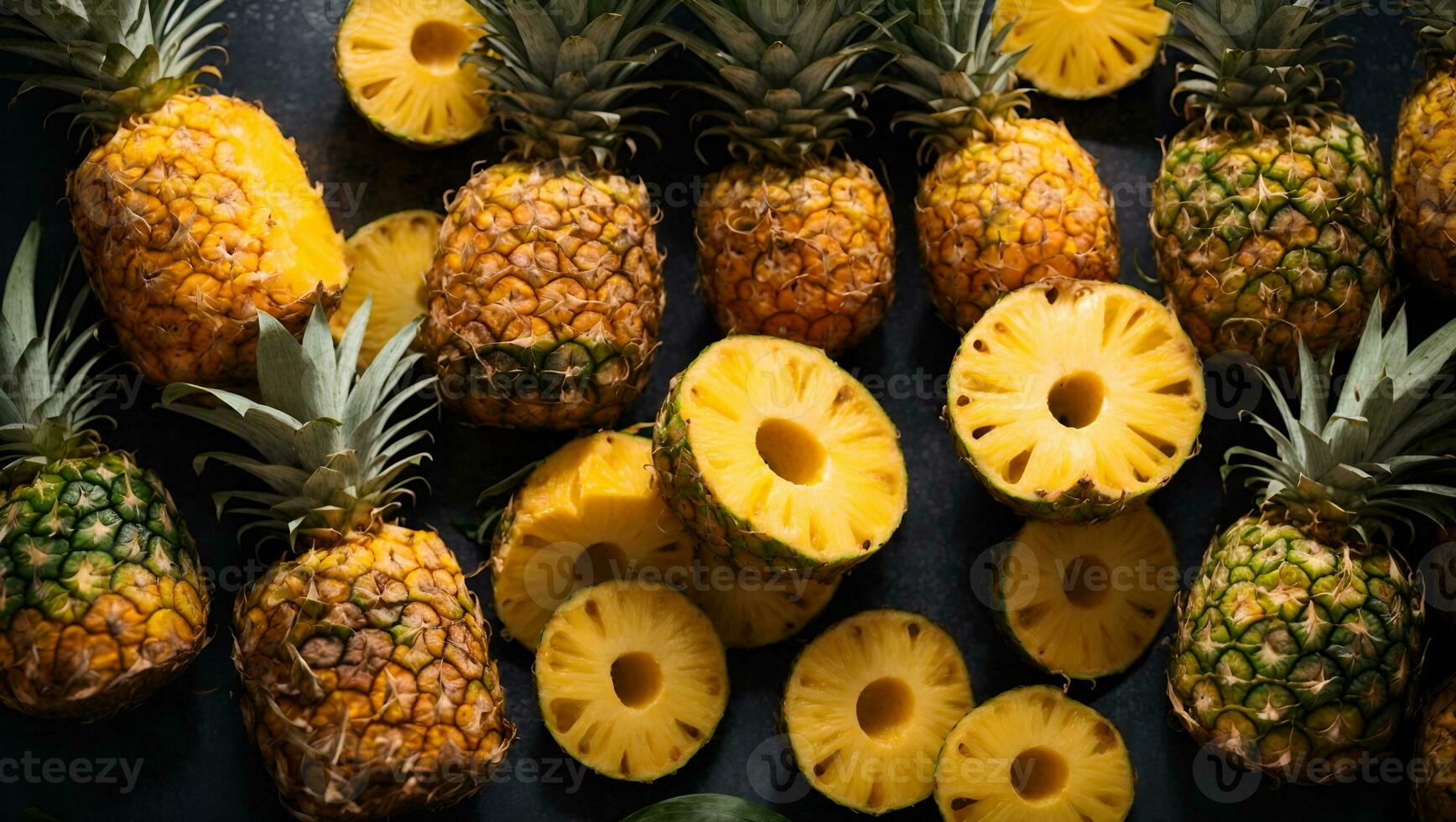 topp se av skivad ananas frukt som texturerad bakgrund. ai genererad foto